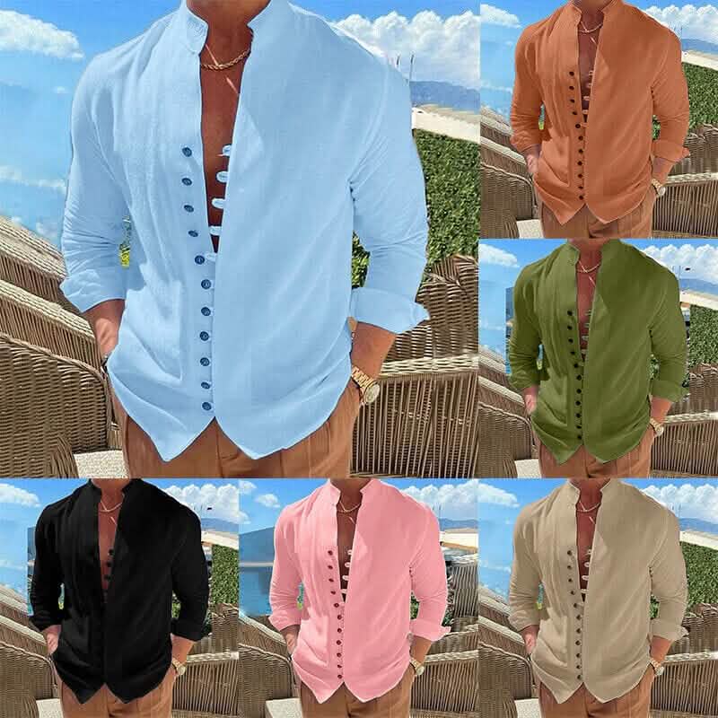 Men's Linen Button Up Shirt Long Sleeve Plain Band Collar