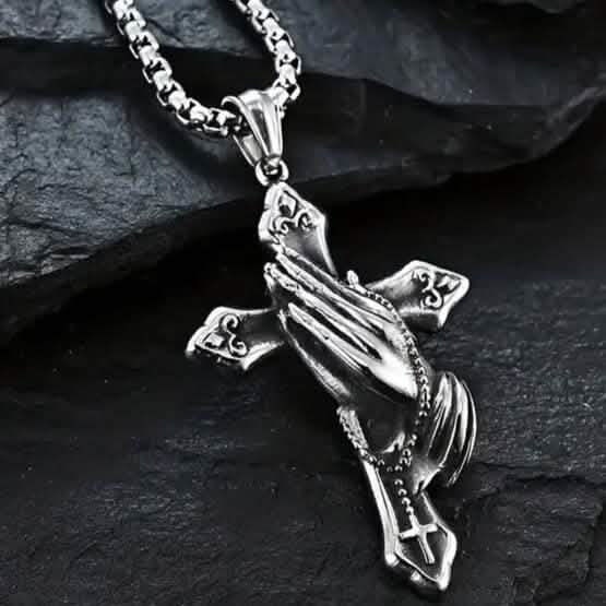 Men's Stainless Steel Prayer Hand and Cross Pendant Necklace