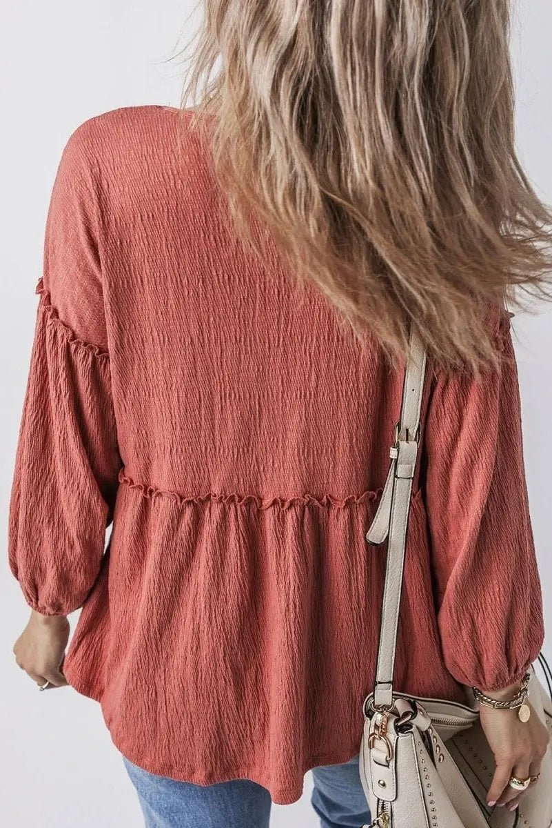 Women's Blouse Women's Textured V-Neck Puff Sleeve Blouse - Frilled Trim - Mineral Red