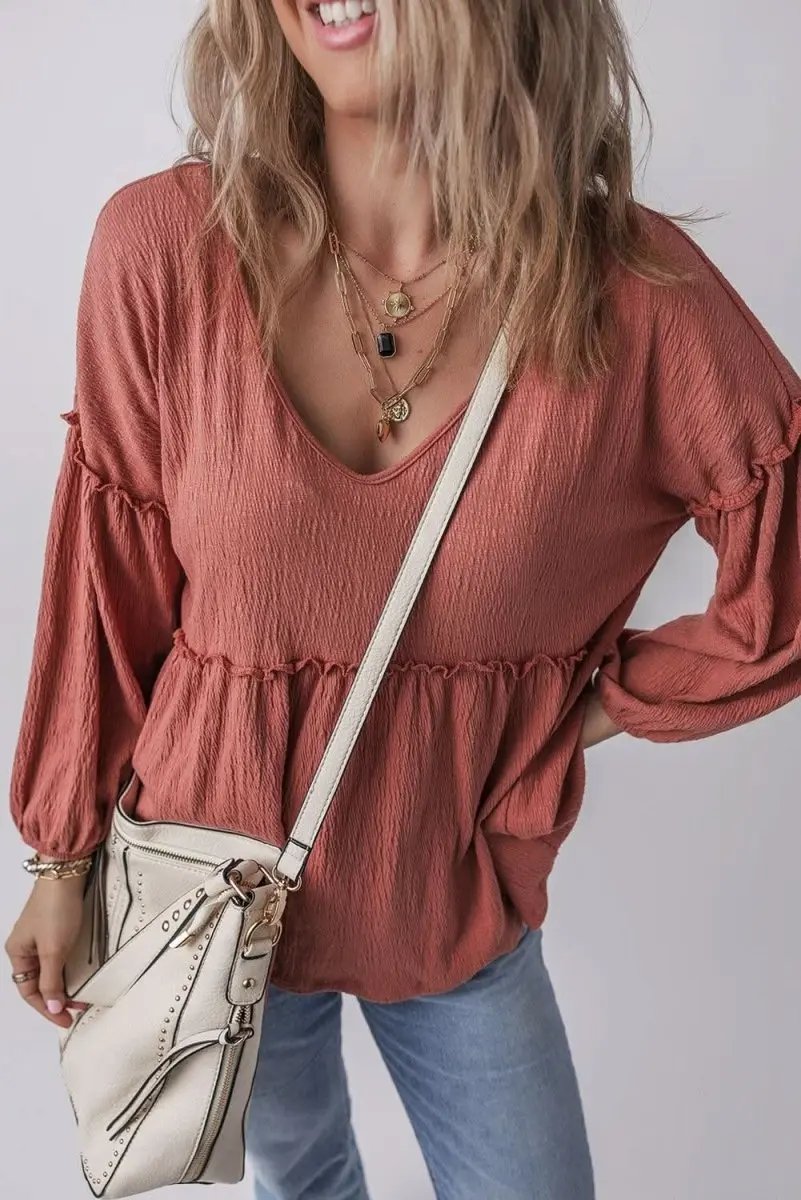 Women's Blouse Women's Textured V-Neck Puff Sleeve Blouse - Frilled Trim - Mineral Red