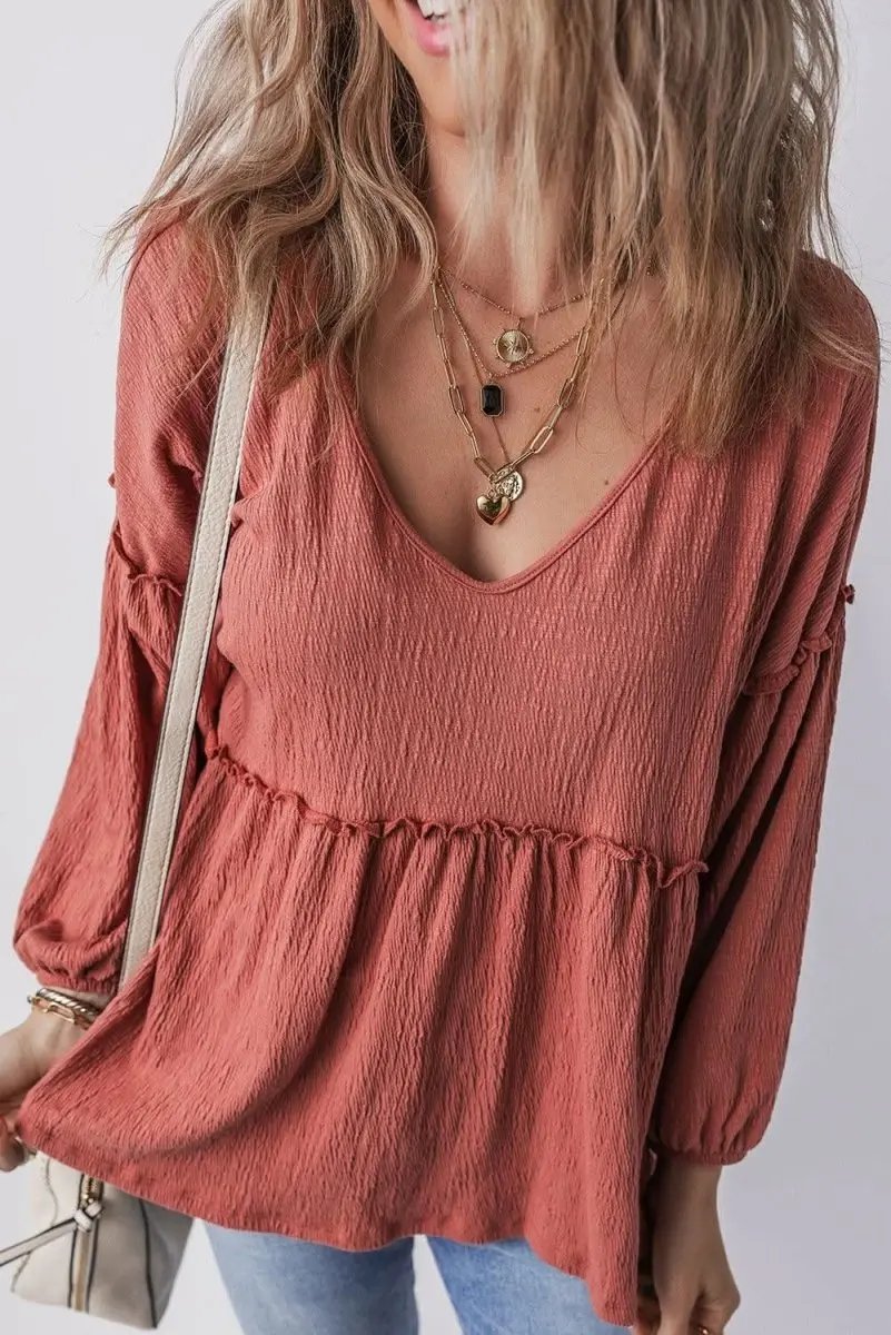 Women's Blouse Women's Textured V-Neck Puff Sleeve Blouse - Frilled Trim - Mineral Red