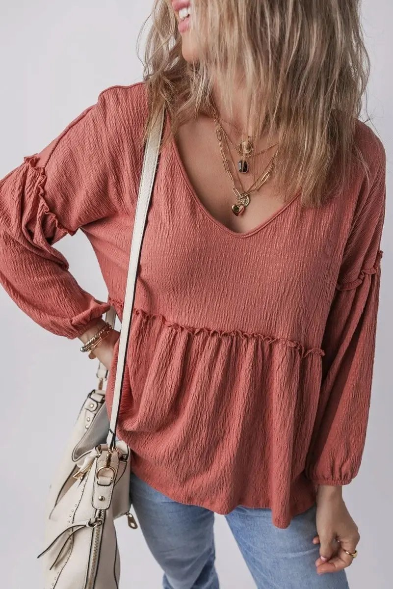 Women's Blouse Women's Textured V-Neck Puff Sleeve Blouse - Frilled Trim - Mineral Red