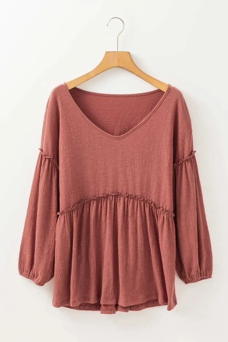 Women's Blouse Women's Textured V-Neck Puff Sleeve Blouse - Frilled Trim - Mineral Red