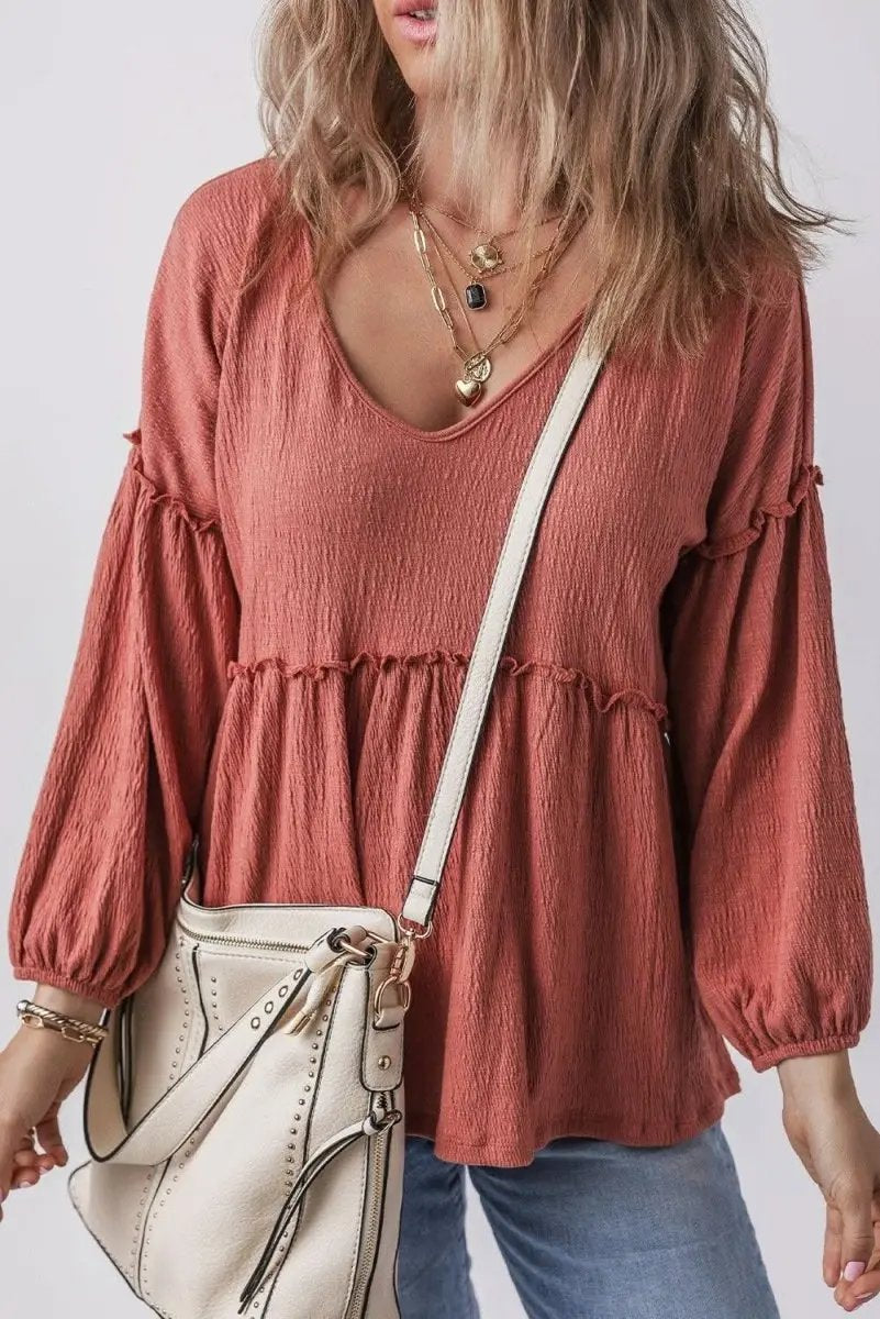 Women's Blouse Women's Textured V-Neck Puff Sleeve Blouse - Frilled Trim - Mineral Red