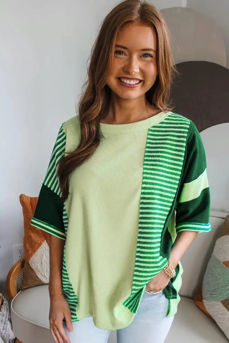 Sweaters Love Salve Mint Green Knit Top Daily Wear Women's Colorblock Tee: Soft, Striped