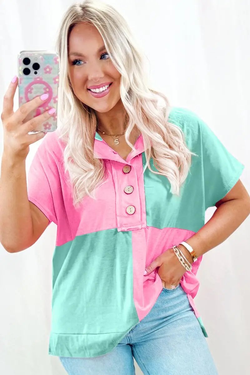 Accessories Love Salve Mint Green Tee Women's Daily Wear Collared Half Button Casual Top