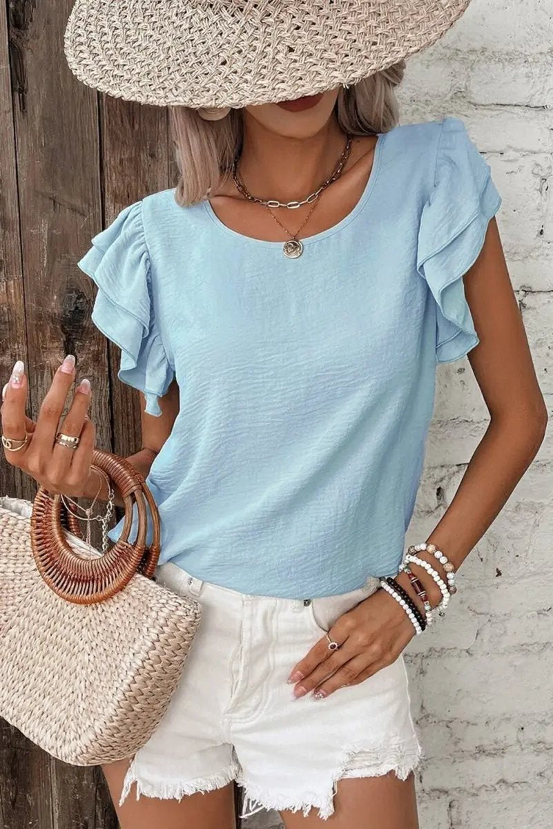 Sweaters Love Salve Mist Blue Blouse Women's Daily Ruffled Sleeve Elegant Top