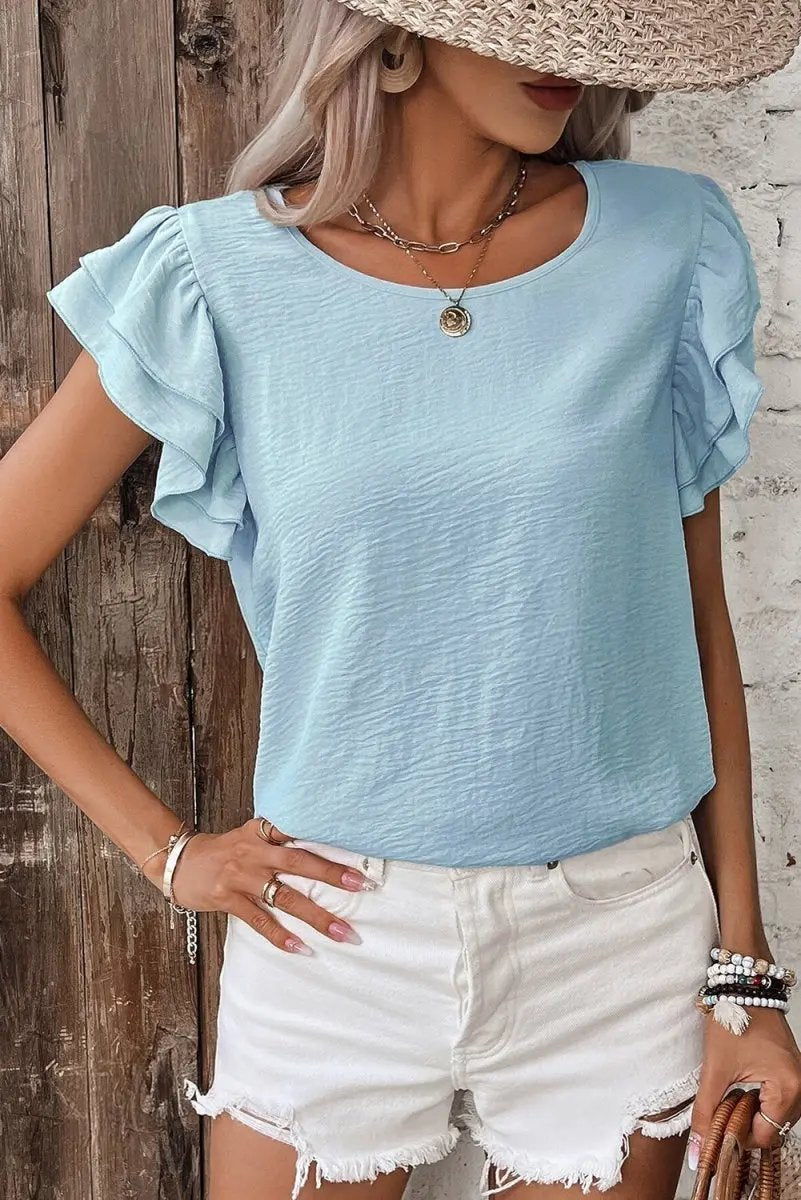 Sweaters Love Salve Mist Blue Blouse Women's Daily Ruffled Sleeve Elegant Top