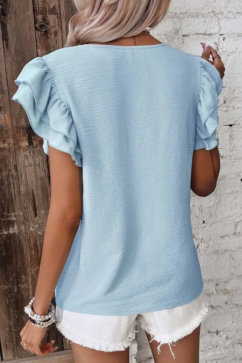 Sweaters Love Salve Mist Blue Blouse Women's Daily Ruffled Sleeve Elegant Top