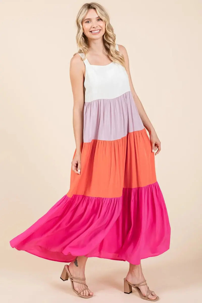 Dresses Trendsi Color Block Maxi Dress Women's Casual Tiered Long Dress Comfortable, USA Ship
