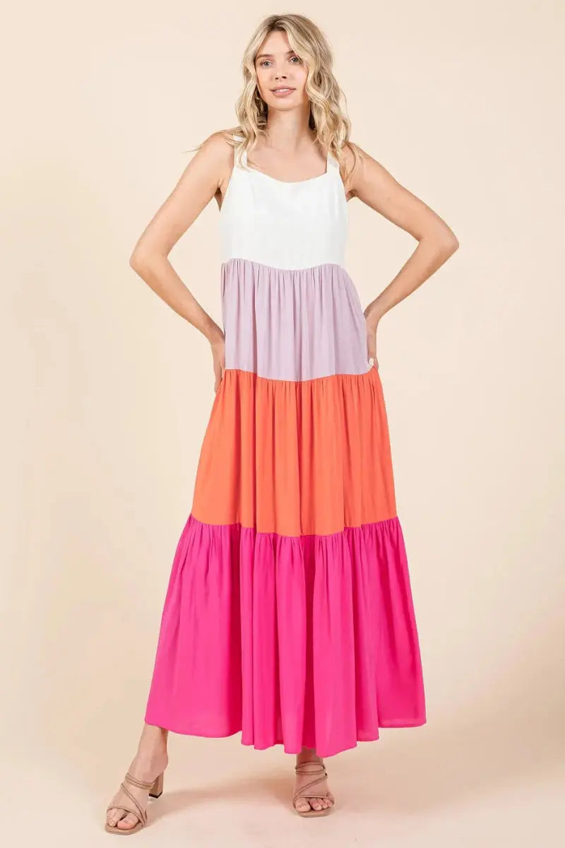 Dresses Trendsi Color Block Maxi Dress Women's Casual Tiered Long Dress Comfortable, USA Ship