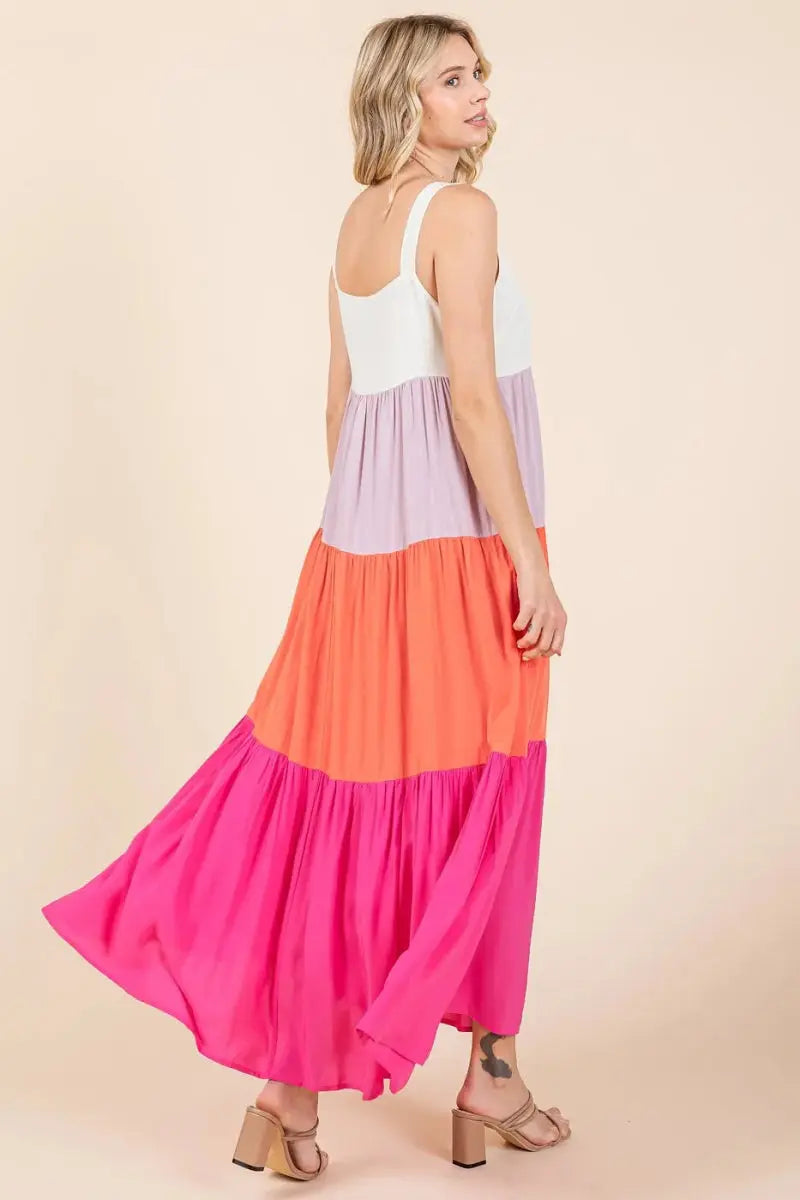 Dresses Trendsi Color Block Maxi Dress Women's Casual Tiered Long Dress Comfortable, USA Ship