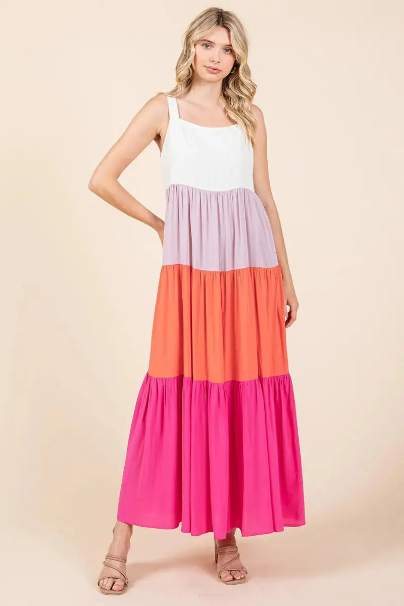 Dresses Trendsi Color Block Maxi Dress Women's Casual Tiered Long Dress Comfortable, USA Ship