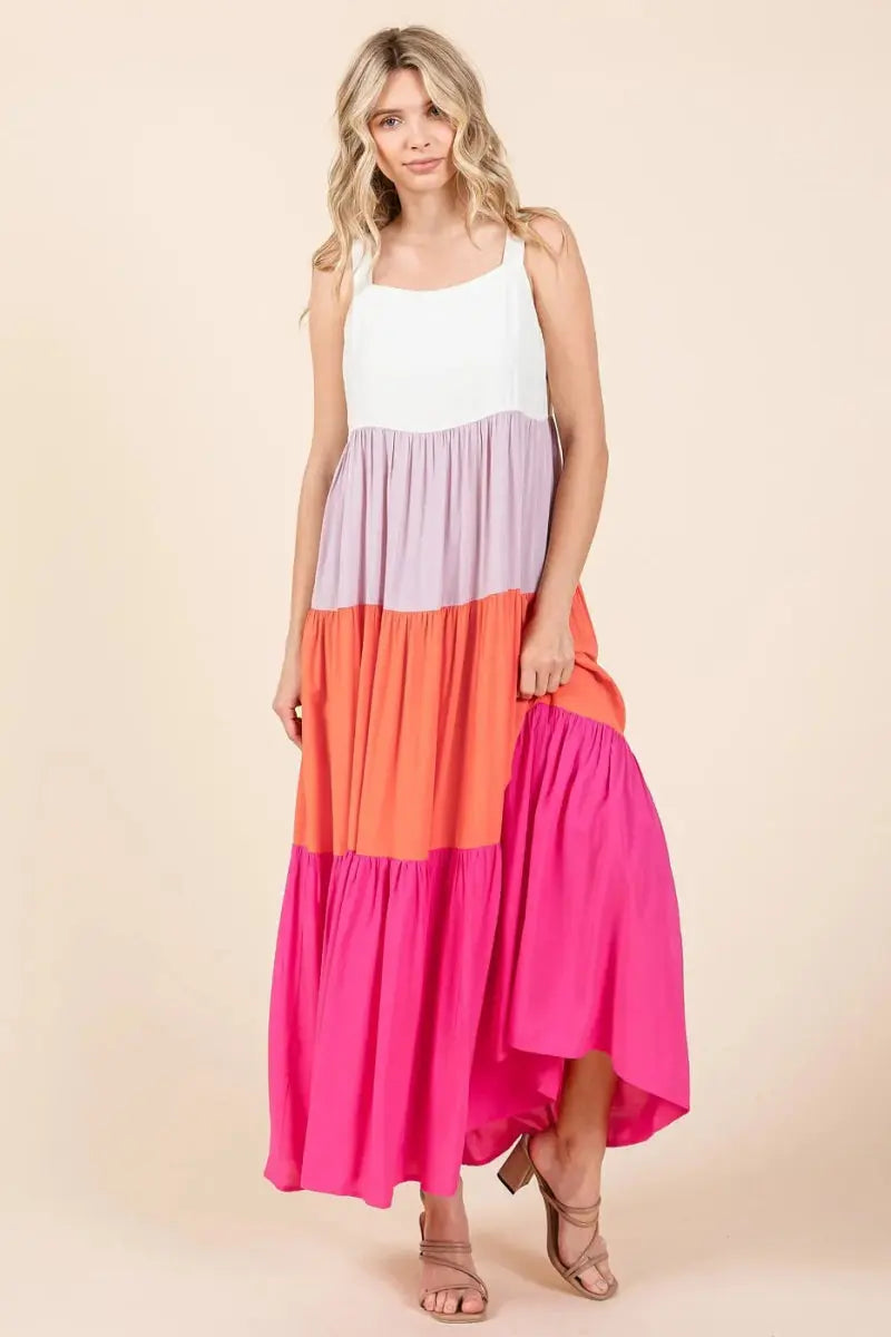 Dresses Trendsi Color Block Maxi Dress Women's Casual Tiered Long Dress Comfortable, USA Ship