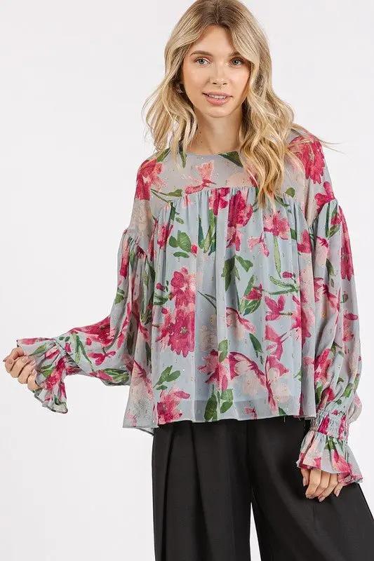 Blusa de mujer Blusa - Floral con volantes - Casual de cuello redondo