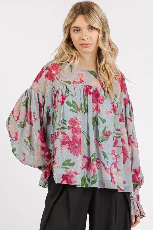 Women's Blouse Blouse - Floral Flounce Sleeve - Casual Round Neck