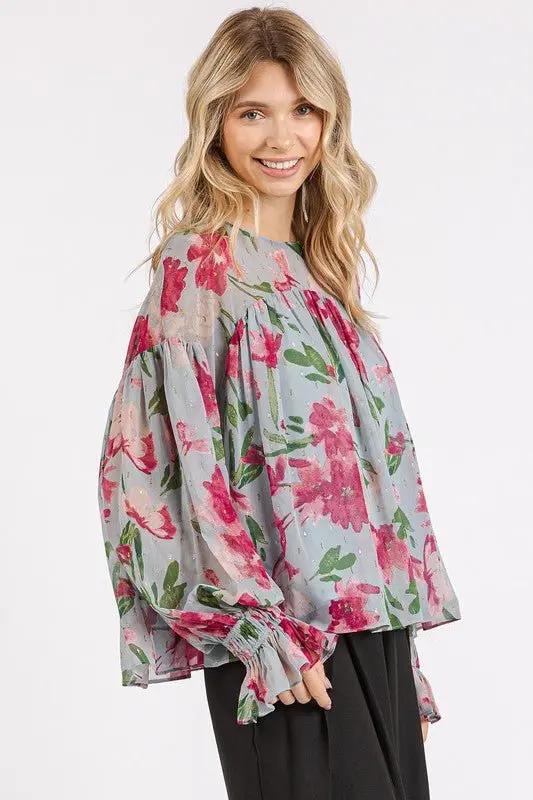 Women's Blouse Blouse - Floral Flounce Sleeve - Casual Round Neck