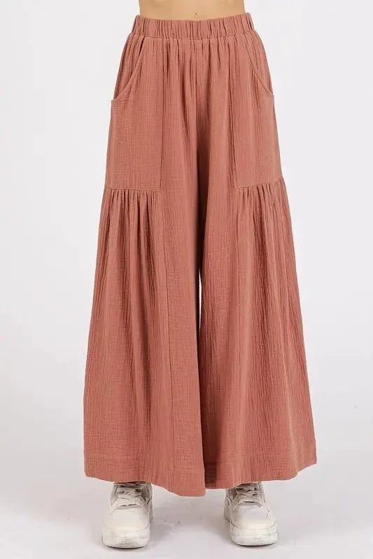 Trendsi Gauze Pants Women's Casual Wide Leg Pleated Trousers - Elastic Waist, Lightweight