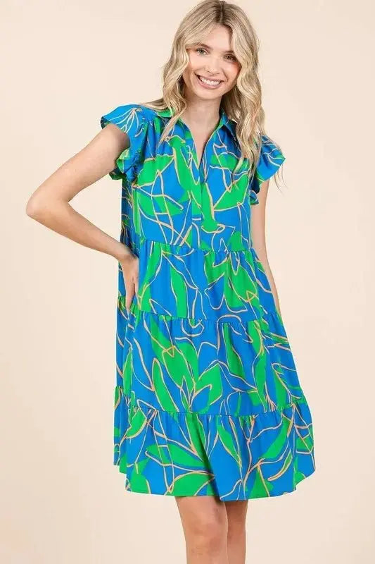 Vestidos Minivestido con estampado de hojas Trendsi Vestido de verano informal con volantes en las mangas y capas para mujer