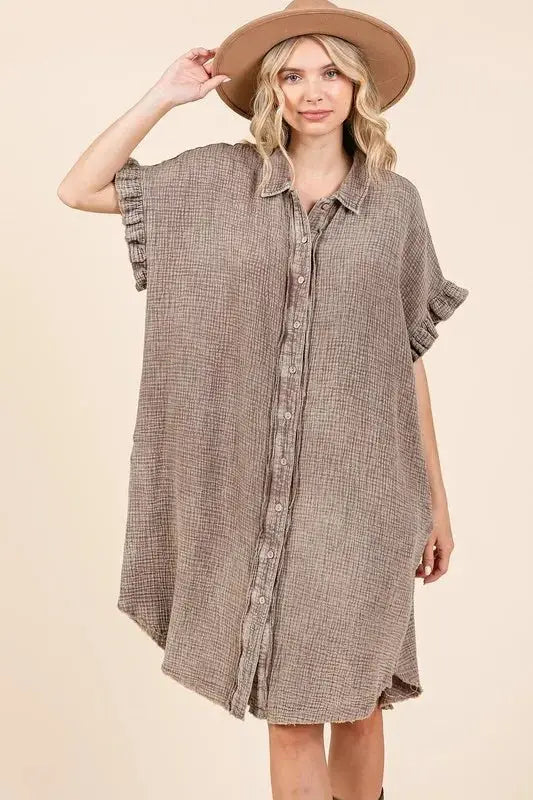 Shoes Trendsi Mineral Wash Mini Dress Women's Casual Cotton Gauze Shirt Dress - Lightweight