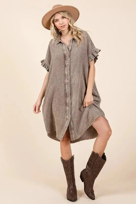Shoes Trendsi Mineral Wash Mini Dress Women's Casual Cotton Gauze Shirt Dress - Lightweight