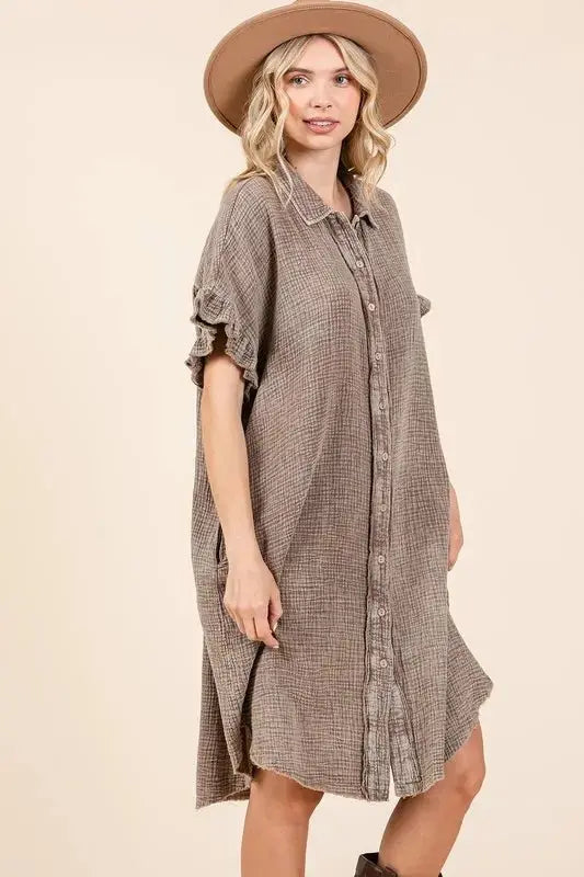 Shoes Trendsi Mineral Wash Mini Dress Women's Casual Cotton Gauze Shirt Dress - Lightweight