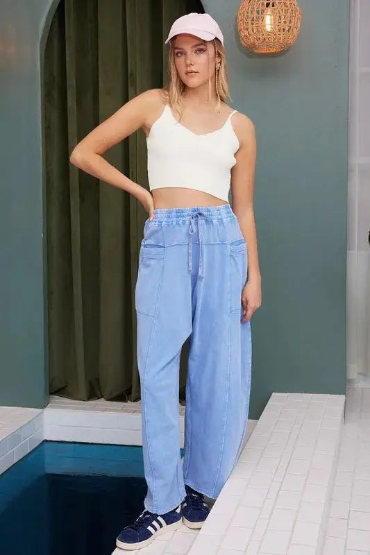 Trendsi Mineral Wash Pants Women's Casual Baggy Barrel Leg Trousers Elastic Waist