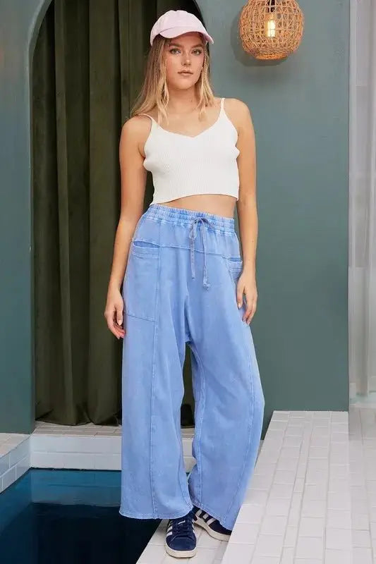 Trendsi Mineral Wash Pants Women's Casual Baggy Barrel Leg Trousers Elastic Waist