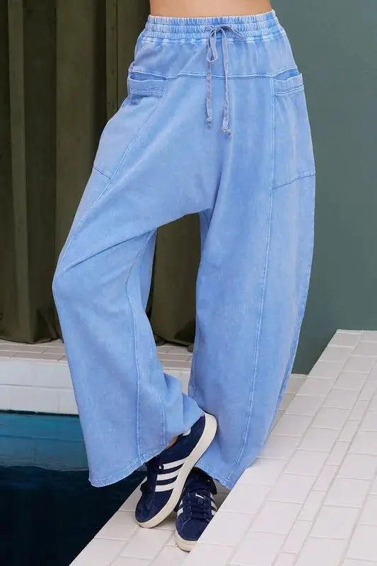 Trendsi Mineral Wash Pants Women's Casual Baggy Barrel Leg Trousers Elastic Waist
