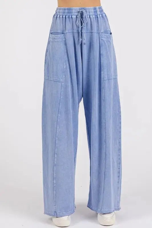Trendsi Mineral Wash Pants Women's Casual Baggy Barrel Leg Trousers Elastic Waist