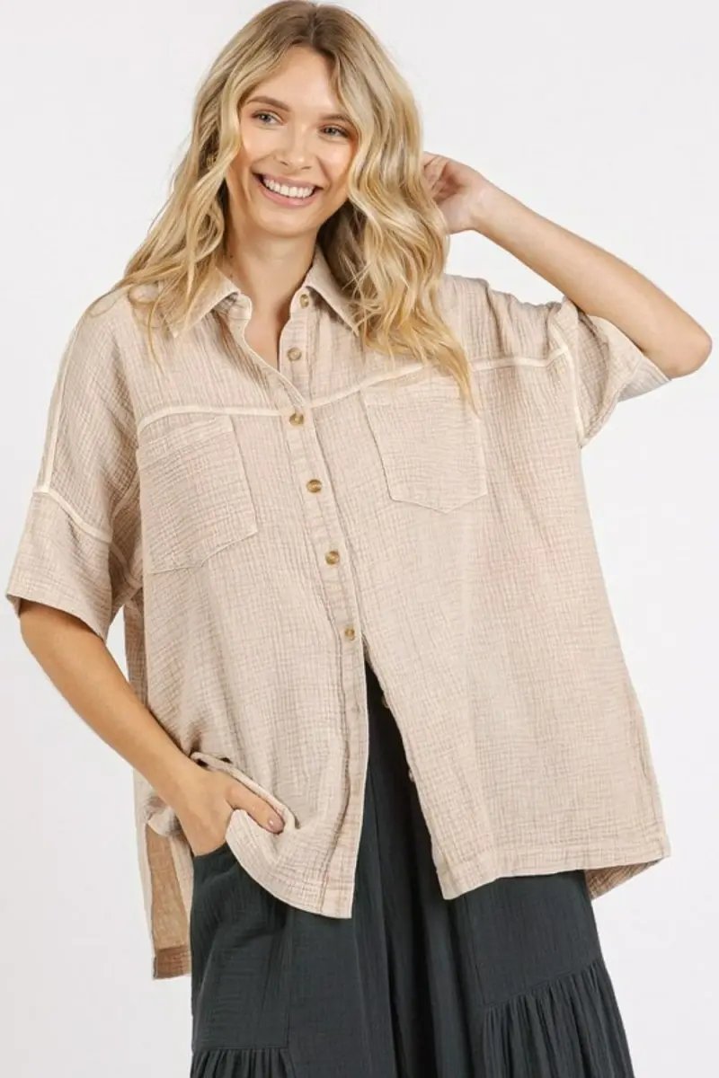 Shirts Trendsi Mineral Wash Gauze Women's Oversized Tee - Casual, Breathable Short Sleeve Shirt