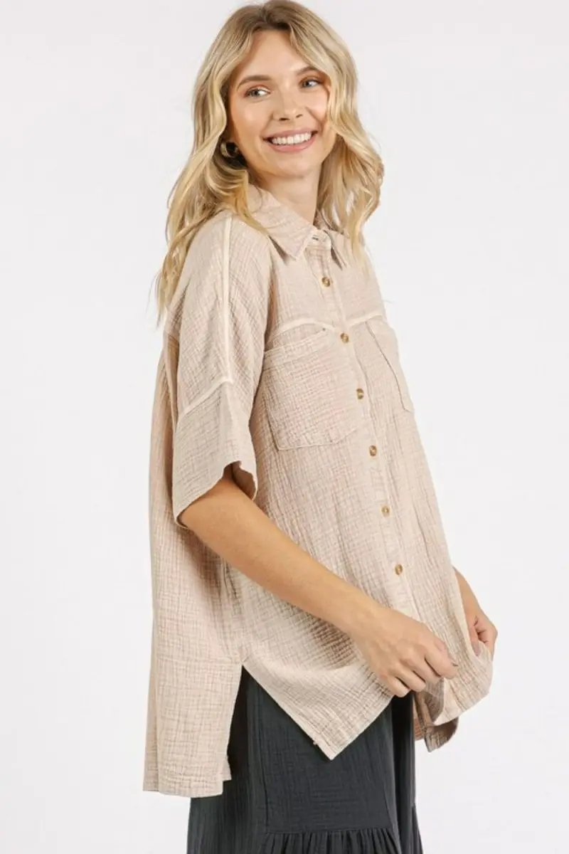 Shirts Trendsi Mineral Wash Gauze Women's Oversized Tee - Casual, Breathable Short Sleeve Shirt