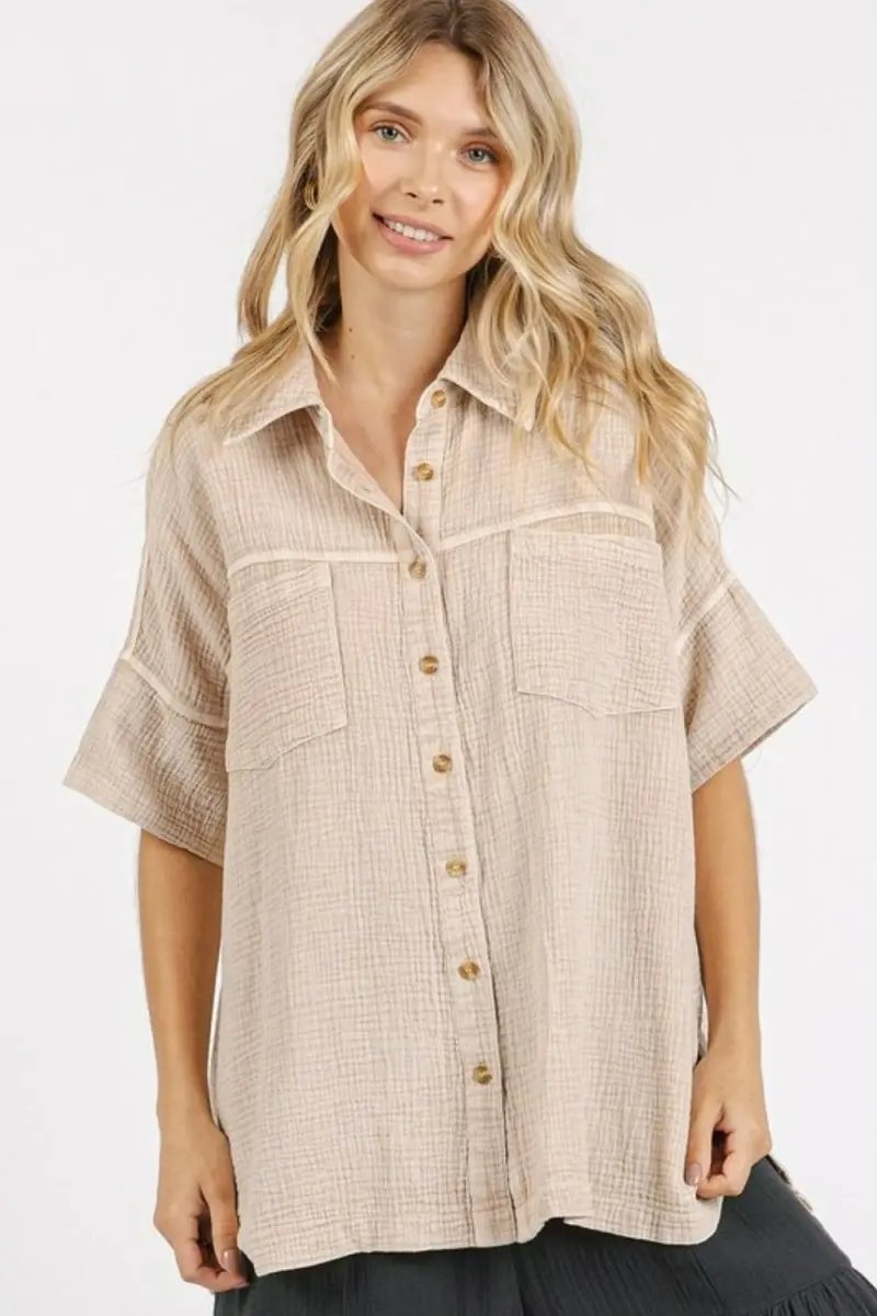 Shirts Trendsi Mineral Wash Gauze Women's Oversized Tee - Casual, Breathable Short Sleeve Shirt