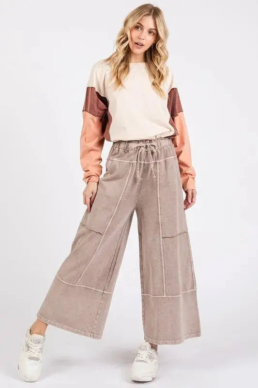 Trendsi Mineral Wash Pants Women's Casual Wide Leg French Terry Comfy Pants