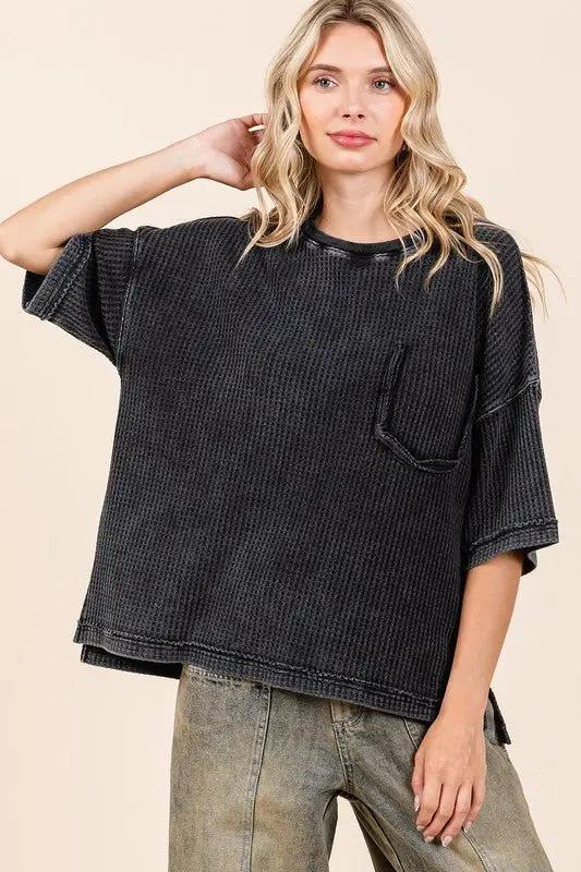 T-Shirts Trendsi Mineral Wash Top Women's Casual Waffle Knit Tee - Soft & Comfy