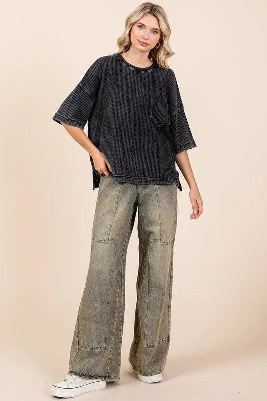 T-Shirts Trendsi Mineral Wash Top Women's Casual Waffle Knit Tee - Soft & Comfy