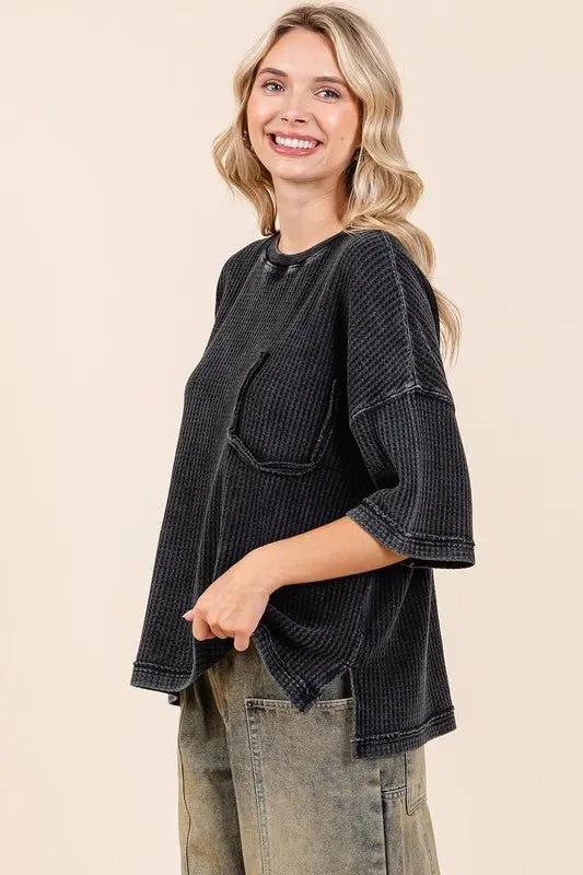 T-Shirts Trendsi Mineral Wash Top Women's Casual Waffle Knit Tee - Soft & Comfy