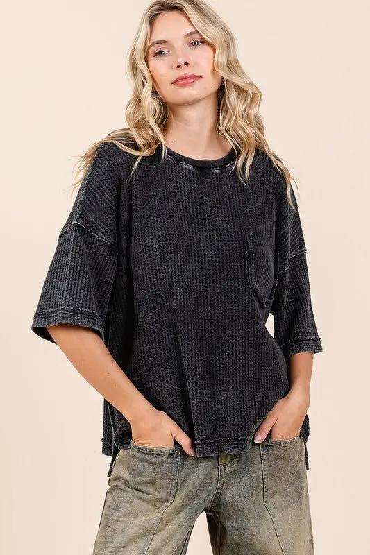 T-Shirts Trendsi Mineral Wash Top Women's Casual Waffle Knit Tee - Soft & Comfy