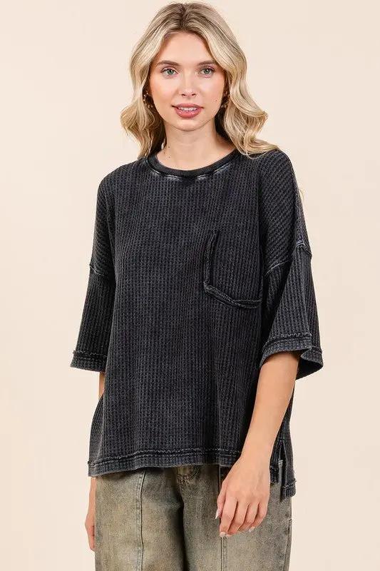 T-Shirts Trendsi Mineral Wash Top Women's Casual Waffle Knit Tee - Soft & Comfy
