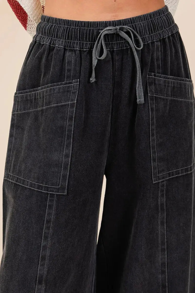 Trendsi Mineral Wash Pants Women's Casual Wide Leg Twill Pants Elastic Waist Comfort