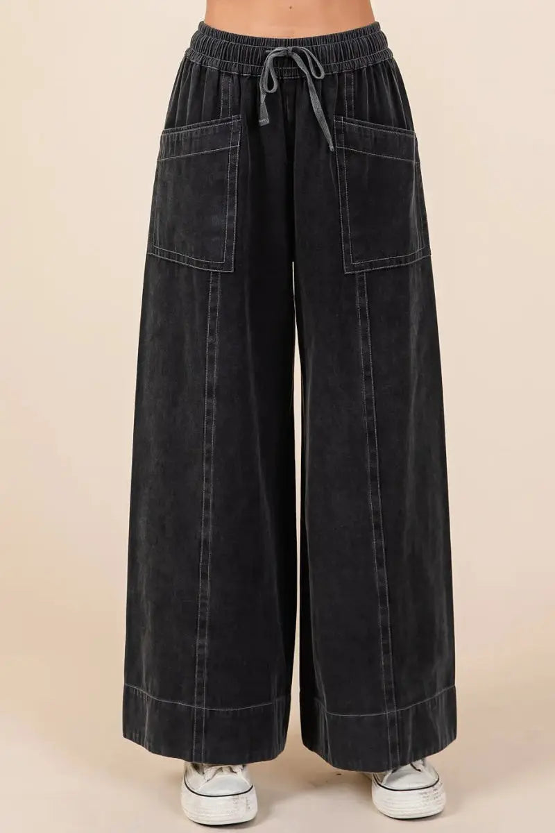 Trendsi Mineral Wash Pants Women's Casual Wide Leg Twill Pants Elastic Waist Comfort