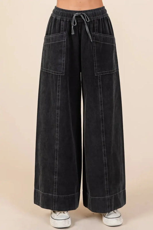 Trendsi Mineral Wash Pants Women's Casual Wide Leg Twill Pants Elastic Waist Comfort
