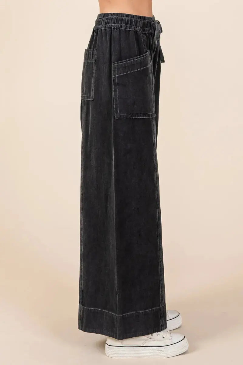 Trendsi Mineral Wash Pants Women's Casual Wide Leg Twill Pants Elastic Waist Comfort