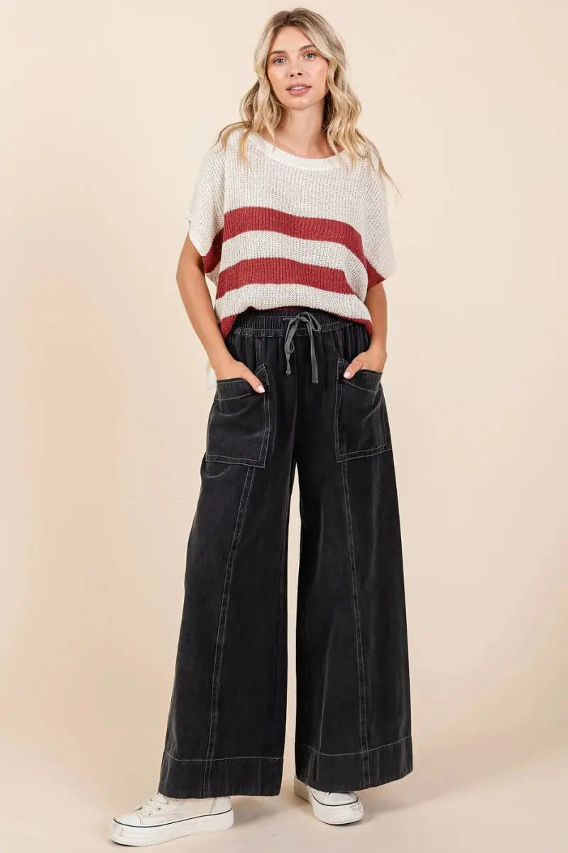 Trendsi Mineral Wash Pants Women's Casual Wide Leg Twill Pants Elastic Waist Comfort