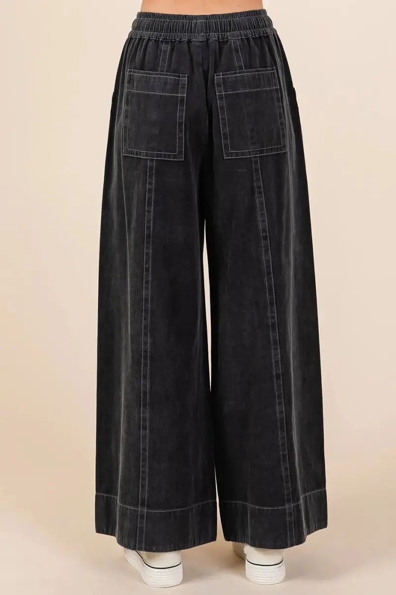 Trendsi Mineral Wash Pants Women's Casual Wide Leg Twill Pants Elastic Waist Comfort