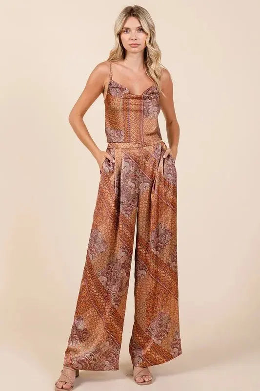 Wide Leg Pants - Paisley Satin - Stylish Comfort