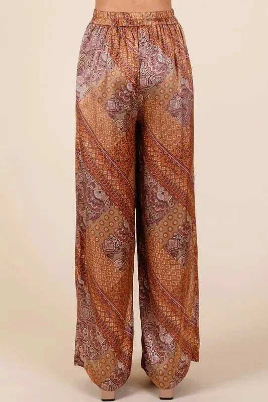 Wide Leg Pants - Paisley Satin - Stylish Comfort