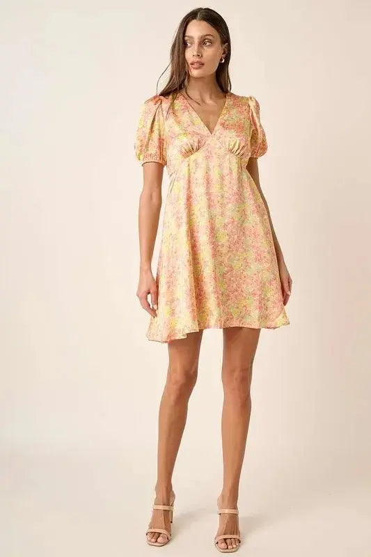Dresses Trendsi Printed Mini Dress Women's Casual V-Neck Puff Sleeve Dress - USA Ship