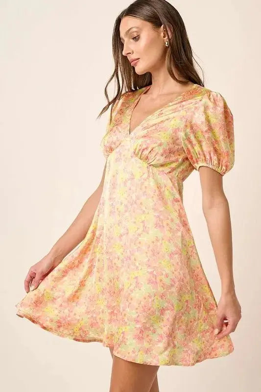 Dresses Trendsi Printed Mini Dress Women's Casual V-Neck Puff Sleeve Dress - USA Ship