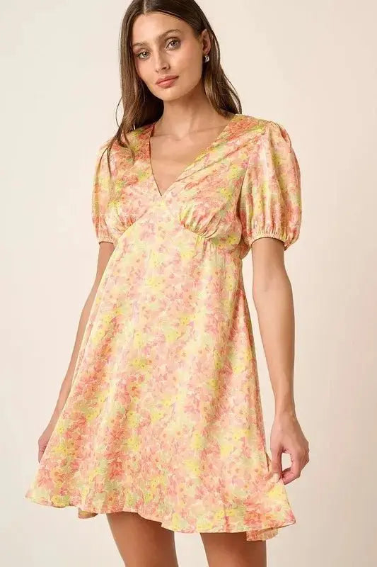Dresses Trendsi Printed Mini Dress Women's Casual V-Neck Puff Sleeve Dress - USA Ship